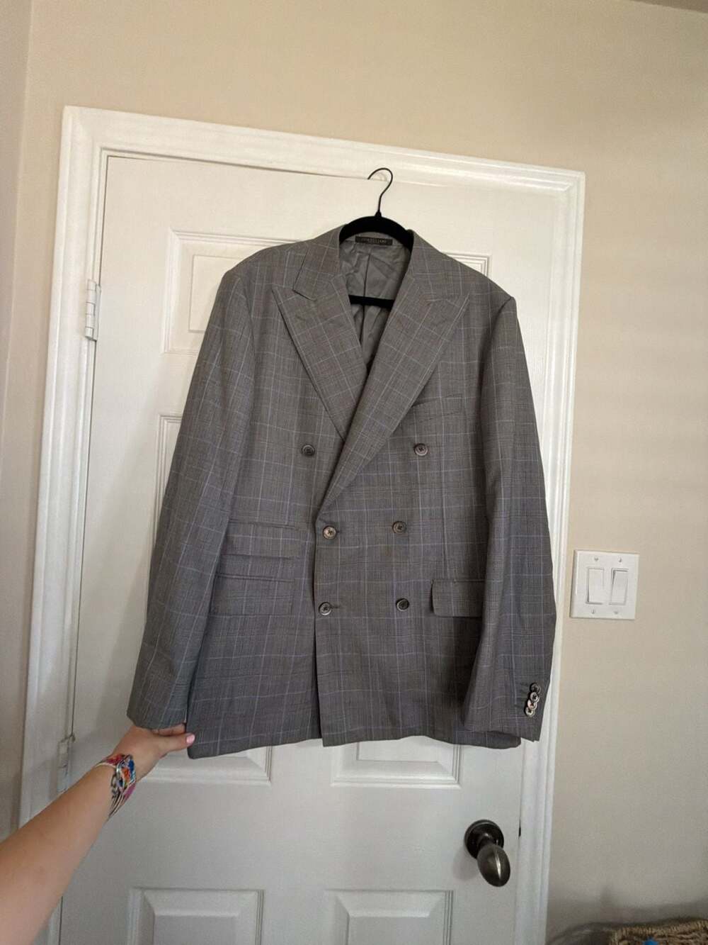 Corneliani Moda Mario Double Breasted Peak Lapel Plaid Wool Blazer 56R